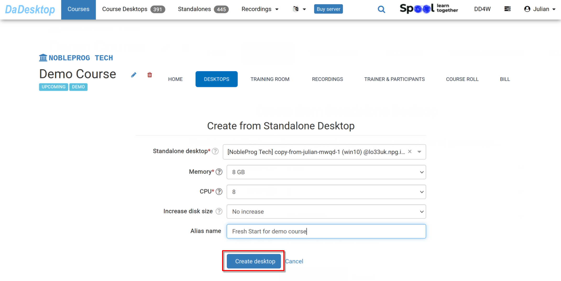 Create from Standalone, changing cpu, memory, disk space