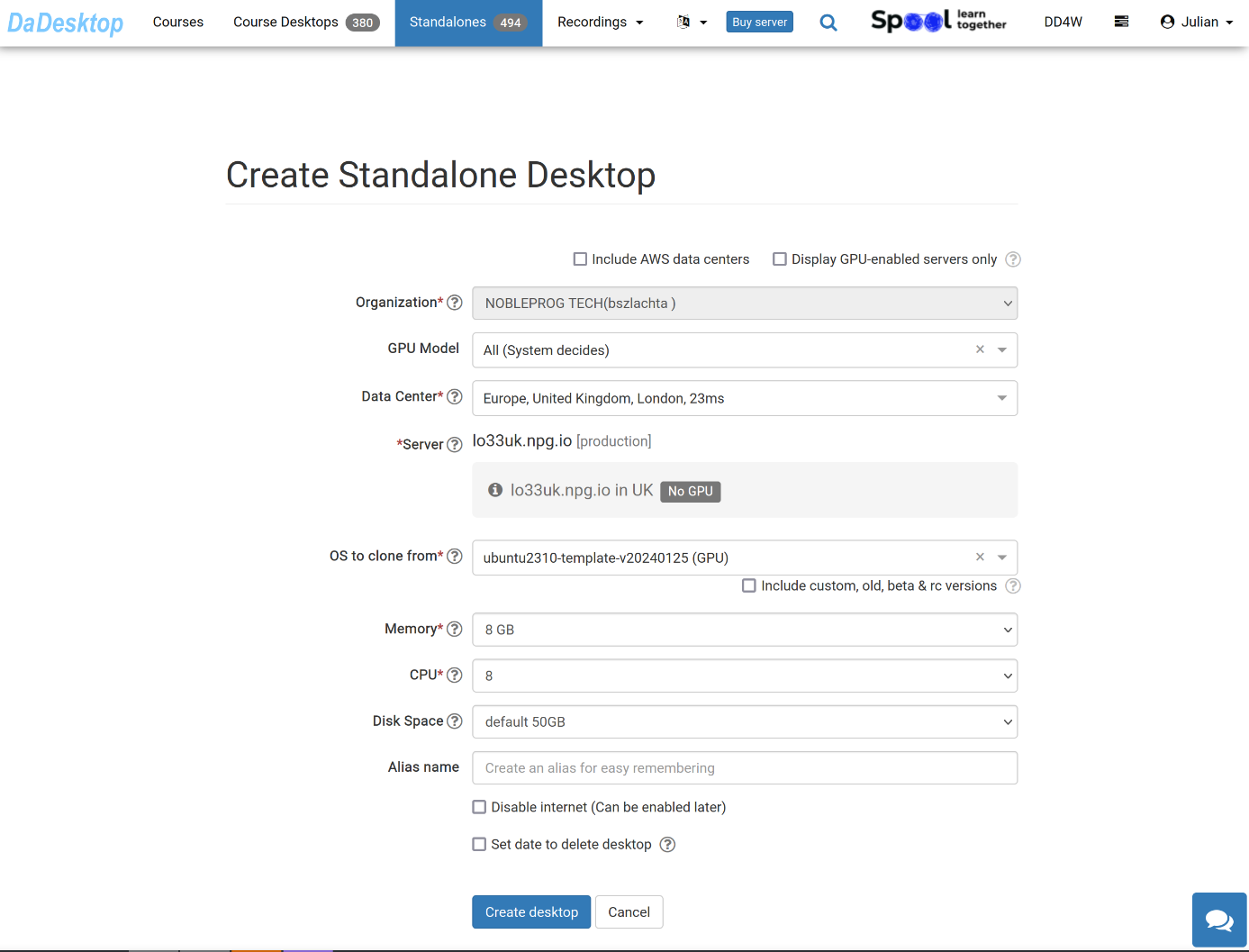 Create New Standalone Desktop