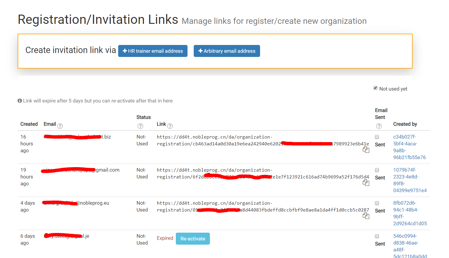 Registration invitation links