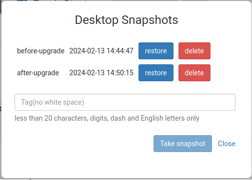 Snaphots Dialogue list restore